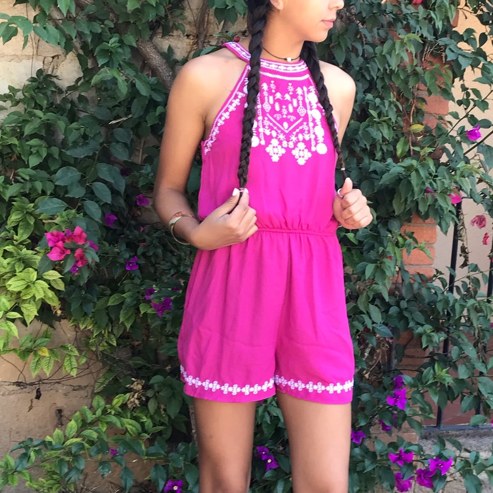 pink embroidered romper